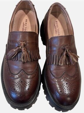 BeauToday Platform Brogue Tassel Loafers Brown Leather Lug Sole Women 8